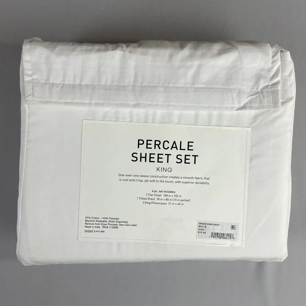 AQ Textiles Percale Solid 4-Pc. Sheet Set, King, White New In Original Package